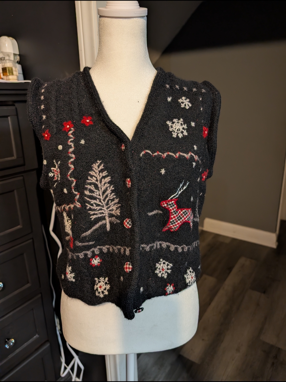 Black Festive Embroidered Knit Vest with Red Accents